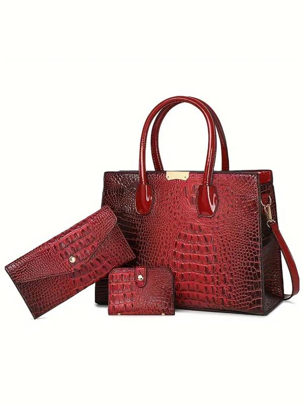 Women's Crocodile Pattern Lux Tote Bag Purse Set, Designer Bags, Large Capacity Shoulder Crossbody Bags, with Long Wallet & Short Wallet, Fashion Women Bag Sets for Back To School, Earthtone Fall Freshness Gifts