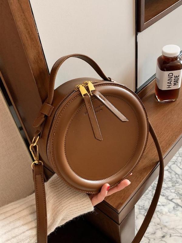 Women's Fashionable Round Shaped Handbag, Casual PU Leather Zipper Shoulder Bag for Daily Used, Trendy Versatile High-quality Daily Commuting Bag, Shopping Bag