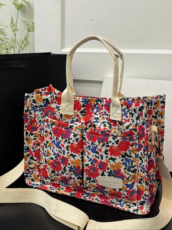 Stylish Ditsy Floral & Polka Dit & Star & Fruit Pattern Tote Bag for Women, Beach Bag Tote Bags for School Gifts, Trendy Designer Commuting Work Bags for Office & Back To School, Fall Outfits, Fall Freshness