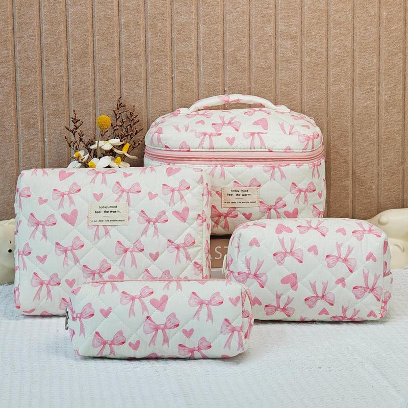 Bow Pattern Makeup Bag Set, 4 Counts set Large Capacity Travel Cosmetic Storage Bag, Zipper Makeup Organizer Pouch, Versatile Storage Bag for Travel, Gym, Office, Home