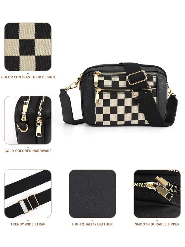 Women's Fashionable Plaid Pattern Crossbody Bag, Casual Versatile PU Leather Zipper Shoulder Bag with Adjustable Strap, Trendy All-match Commuter Bag for Daily Used