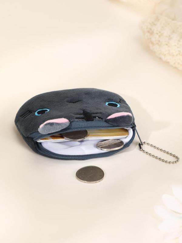 Women's Cute Cat Design Zipper Short Wallet, Animal Pattern Plush Coin Purse with Chain for Daily Use Girl Boy, Storage Bag Zipper Design with Chain