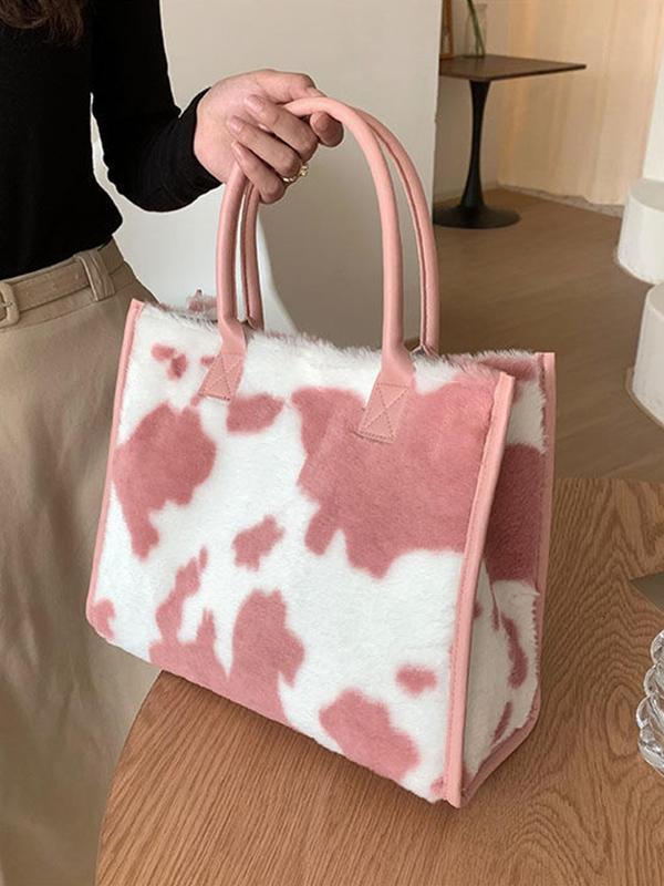 Fashion Fluffy Plush Cow Print Tote Bag, Casual Large Capacity Shoulder Bag For Women, Retro Contrast Binding Shoulder Bag for Commuters and Students