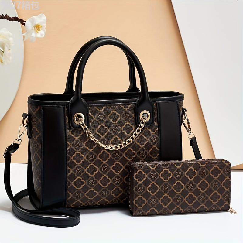 Trendy Handbag 2pcs Set, Elegant Geometric Pattern Tote Bag & Zip Around Wallet Set, Fashion Purse Set