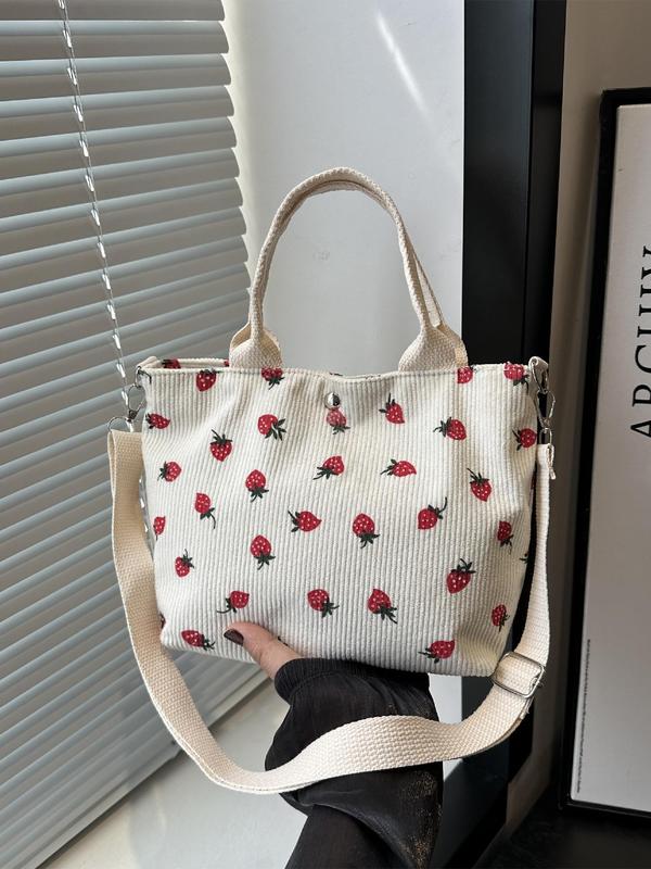 Women's Cute Strawberry Pattern Corduroy Crossbody Bag, Fashionable Adjustable Strap Design Shoulder Bag for Daily Used, Casual Trendy Versatile High-quality Daily Commuting Bag