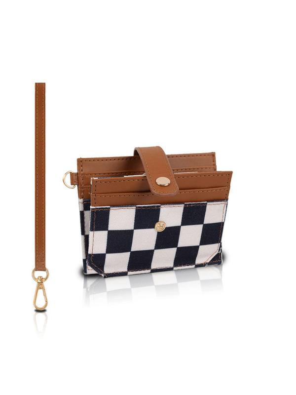 Women's Colorblock Checkerboard Pattern Card Holder, Casual Canvas Zipper Short Wallet with Wrist Strap, Fashionable Daily Wallet for Women & Girls