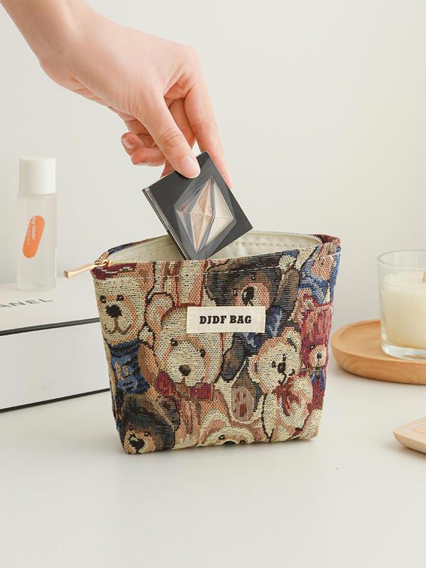 Cartoon Bear Pattern Toiletry Bag, Portable Letter Patched Design Cosmetic Storage Bag, Zipper Makeup Bag, Versatile Storage Bag for Travel, Outing, Daily Use