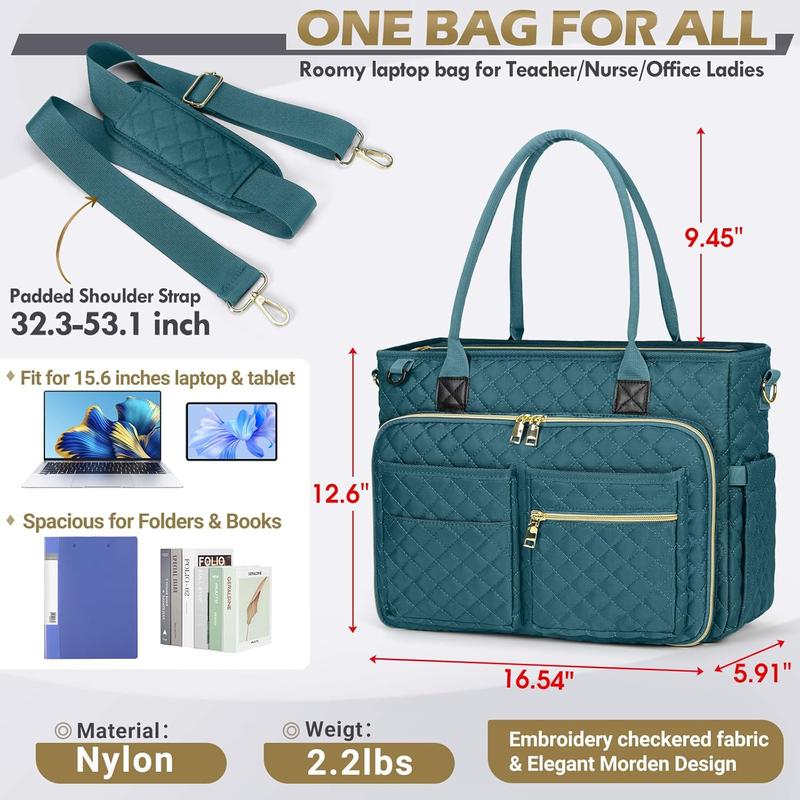 Teacher Tote Bag 15.6 inch Laptop Bag for Women Large Laptop Tote Work Bag Nurse Bag Professional Computer Messenger Bag with Insulated Pocket, Briefcase for Office, College, Nursing, Teal