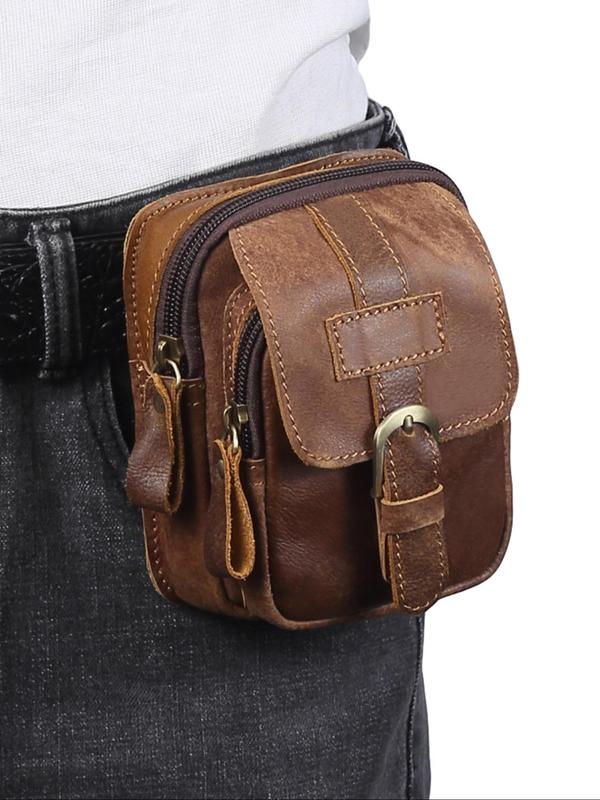 Men's Vintage Zipper Belt Bag, Genuine Leather Cell Phone Bag, Multi-functional Fashion Waist Bag for Men