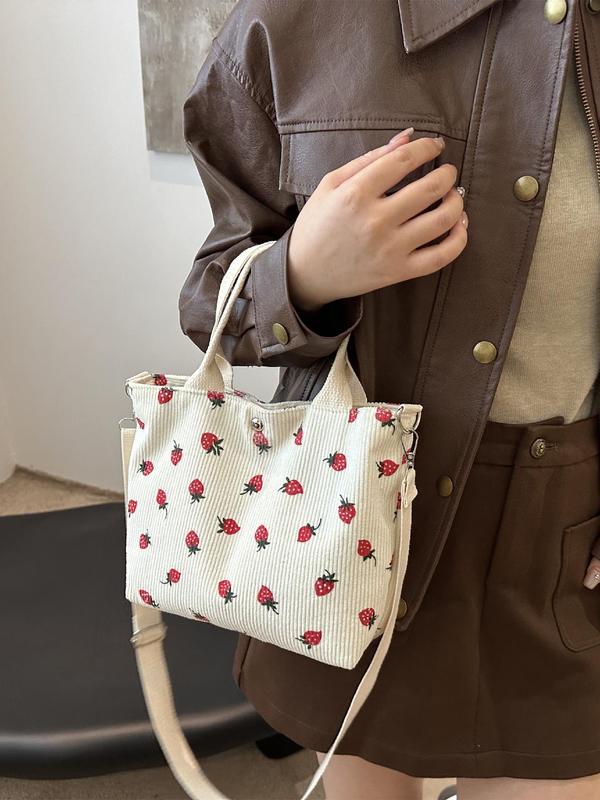 Women's Cute Strawberry Pattern Corduroy Crossbody Bag, Fashionable Adjustable Strap Design Shoulder Bag for Daily Used, Casual Trendy Versatile High-quality Daily Commuting Bag