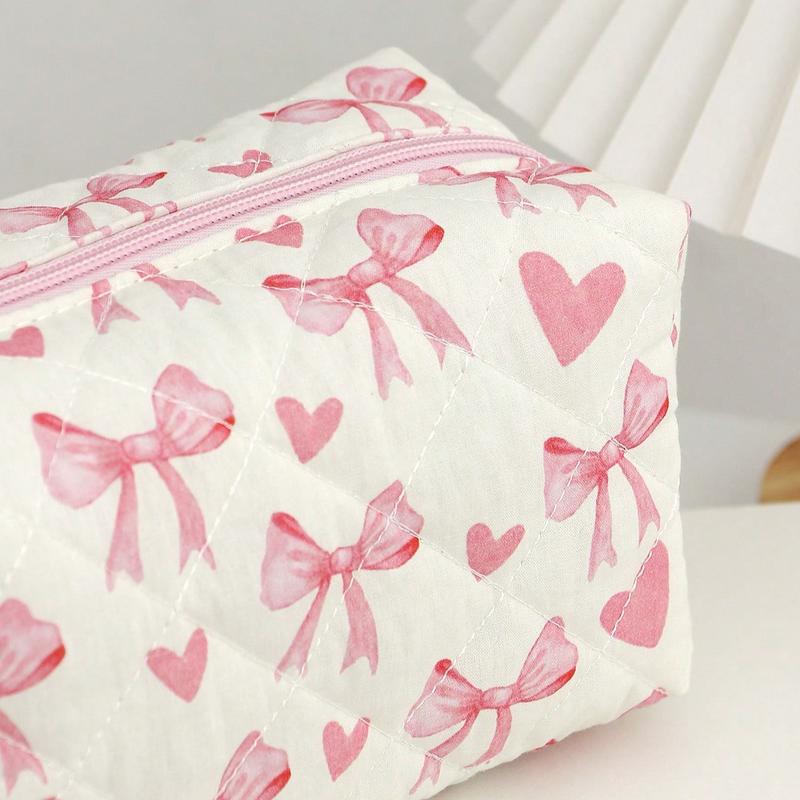 1Pc Cute Heart &Bowknot Pattern Multifunctional Checkerboard Makeup Bag,Sanitary Bag,Coin Bag ,Pink Square Cosmetic Bag Large Capacity Make Up Bag Large Capacity For Travel,Makeup Bag Makeup Pouch Skincare Bag Toiletry Bag Packing Cubes,Travel