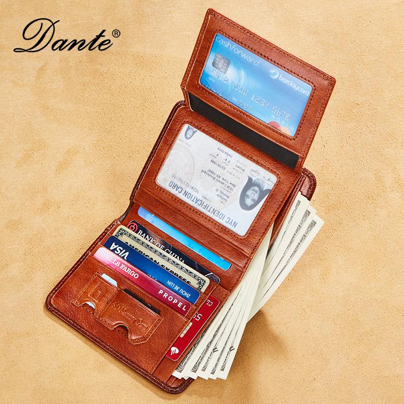 Dante Men's Genuine Leather Wallets RFID Anti-theft Brush Vertical Style Three Fold Retro Top Layer Cowhide Foreign Trade Purse