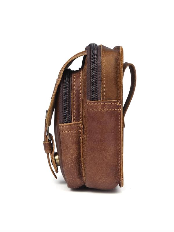 Men's Vintage Zipper Belt Bag, Genuine Leather Cell Phone Bag, Multi-functional Fashion Waist Bag for Men