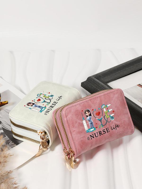 Women's Cartoon Nurse Print Zipper Short Wallet, Cute Card Holder, Fashionable Card Holder for Daily Use