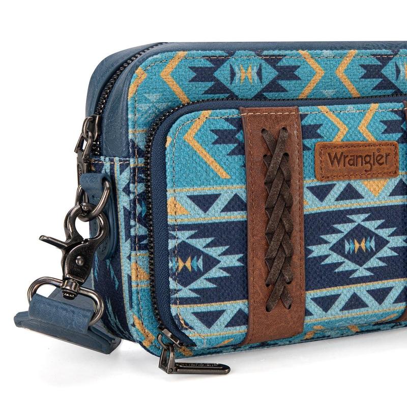 Wrangler Crossbody Bag for Women Boho Aztec Small Multi Pocket Crossover Purse