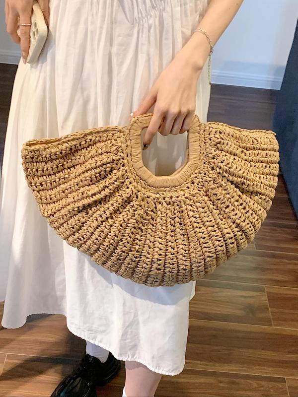 Women's Summer 2024 Casual Plain Straw Tote Bag, Fall New Large Capacity Handbag for Travel & Daily Use, Casual Trendy Versatile High-quality Bag for Vacation Beach