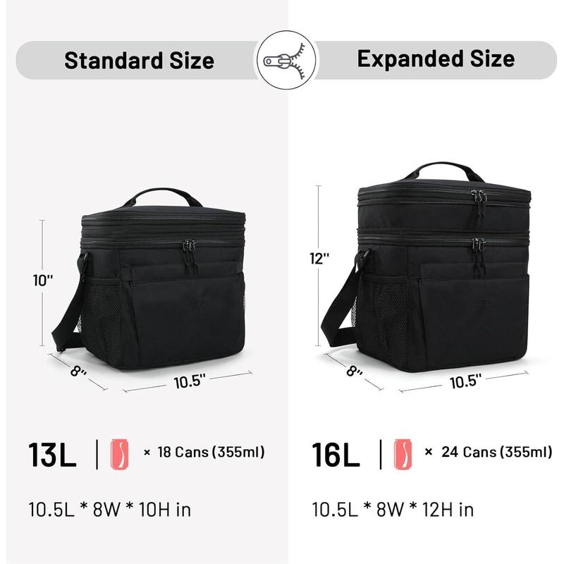 Lunch Box for Men Expandable Insulated Dual Compartment Lunch Bag Leakproof Cooler Bag with Front and  Pockets for Adult Work Travel Picnic Beach, Black