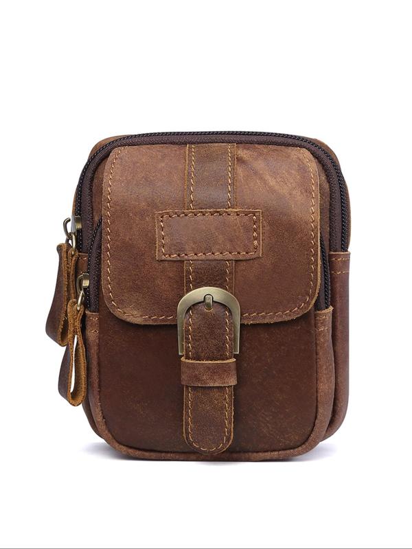 Men's Vintage Zipper Belt Bag, Genuine Leather Cell Phone Bag, Multi-functional Fashion Waist Bag for Men