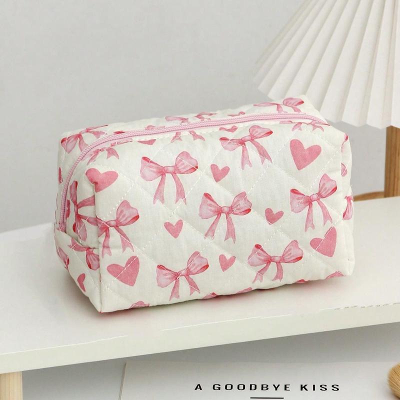 1Pc Cute Heart &Bowknot Pattern Multifunctional Checkerboard Makeup Bag,Sanitary Bag,Coin Bag ,Pink Square Cosmetic Bag Large Capacity Make Up Bag Large Capacity For Travel,Makeup Bag Makeup Pouch Skincare Bag Toiletry Bag Packing Cubes,Travel