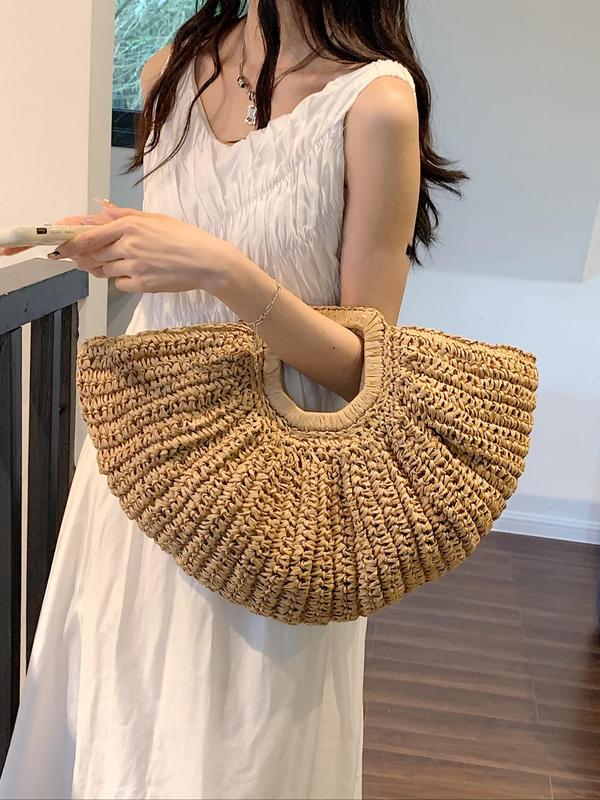 Women's Summer 2024 Casual Plain Straw Tote Bag, Fall New Large Capacity Handbag for Travel & Daily Use, Casual Trendy Versatile High-quality Bag for Vacation Beach