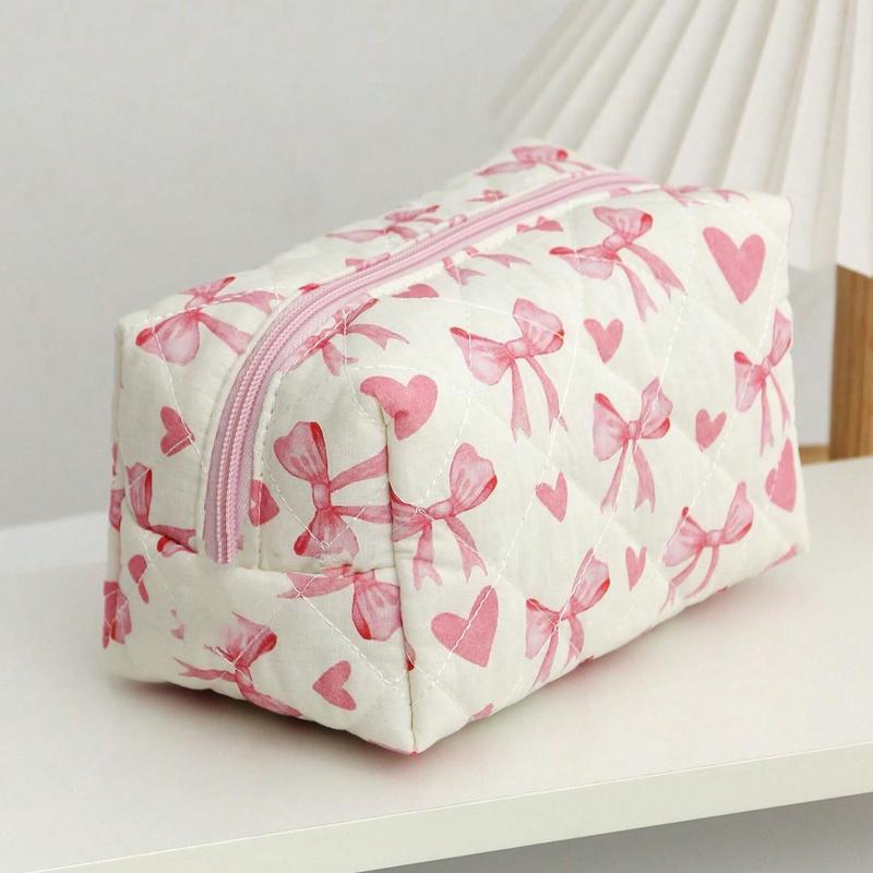 1Pc Cute Heart &Bowknot Pattern Multifunctional Checkerboard Makeup Bag,Sanitary Bag,Coin Bag ,Pink Square Cosmetic Bag Large Capacity Make Up Bag Large Capacity For Travel,Makeup Bag Makeup Pouch Skincare Bag Toiletry Bag Packing Cubes,Travel