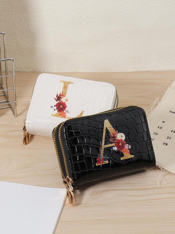 Women's Fashionable Floral & Letter Pattern Zipper Short Wallet, Simple Credit Card Holder with Multiple Card Slots, Casual Trendy Versatile High-quality Daily Wallet