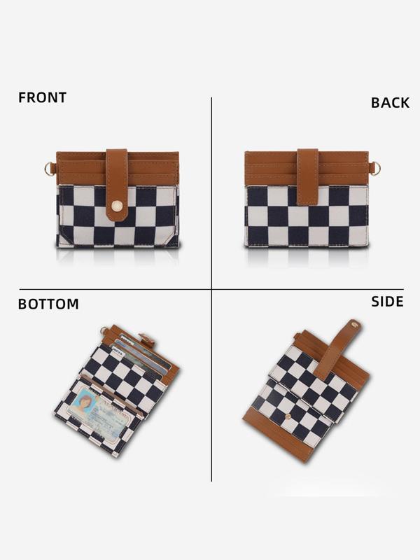 Women's Colorblock Checkerboard Pattern Card Holder, Casual Canvas Zipper Short Wallet with Wrist Strap, Fashionable Daily Wallet for Women & Girls