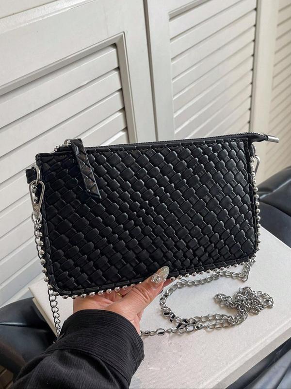 Women's Vintage Solid Color Beaded Trim Design Chain Strap Crossbody Bag, Commuter Bag, Fashionable Pu Leather Bag As Gifts