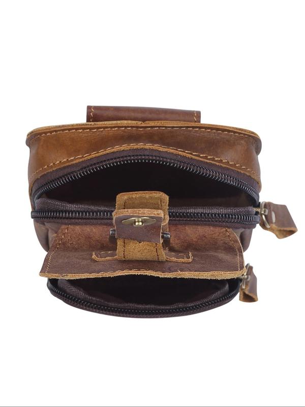 Men's Vintage Zipper Belt Bag, Genuine Leather Cell Phone Bag, Multi-functional Fashion Waist Bag for Men