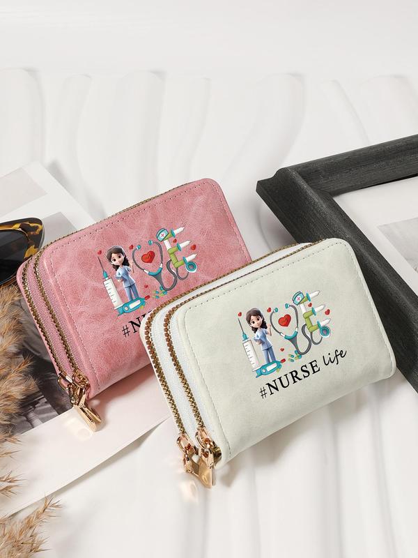 Women's Cartoon Nurse Print Zipper Short Wallet, Cute Card Holder, Fashionable Card Holder for Daily Use