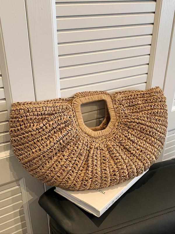 Women's Summer 2024 Casual Plain Straw Tote Bag, Fall New Large Capacity Handbag for Travel & Daily Use, Casual Trendy Versatile High-quality Bag for Vacation Beach