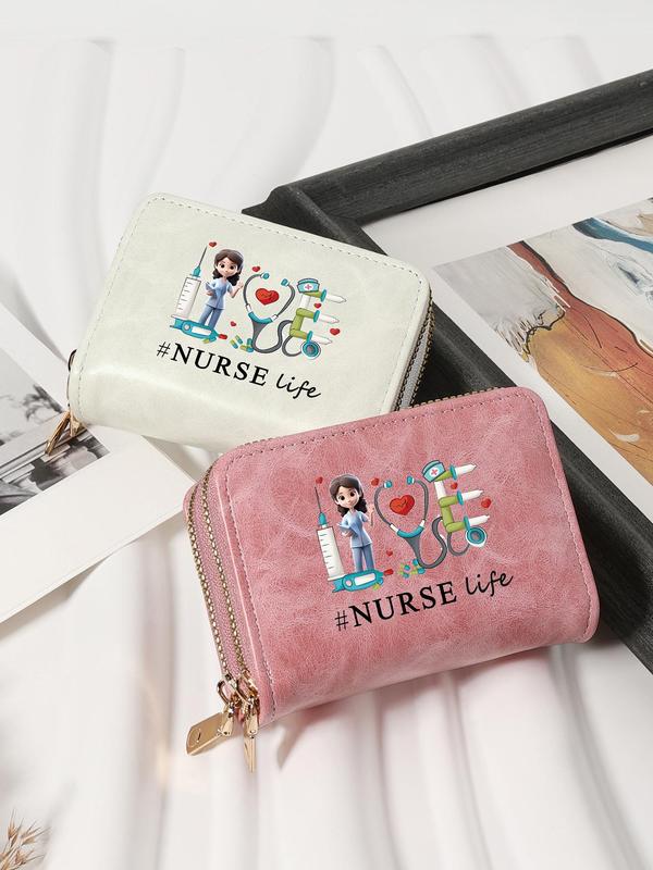 Women's Cartoon Nurse Print Zipper Short Wallet, Cute Card Holder, Fashionable Card Holder for Daily Use