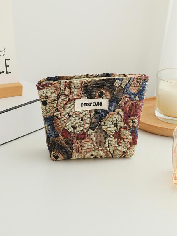 Cartoon Bear Pattern Toiletry Bag, Portable Letter Patched Design Cosmetic Storage Bag, Zipper Makeup Bag, Versatile Storage Bag for Travel, Outing, Daily Use