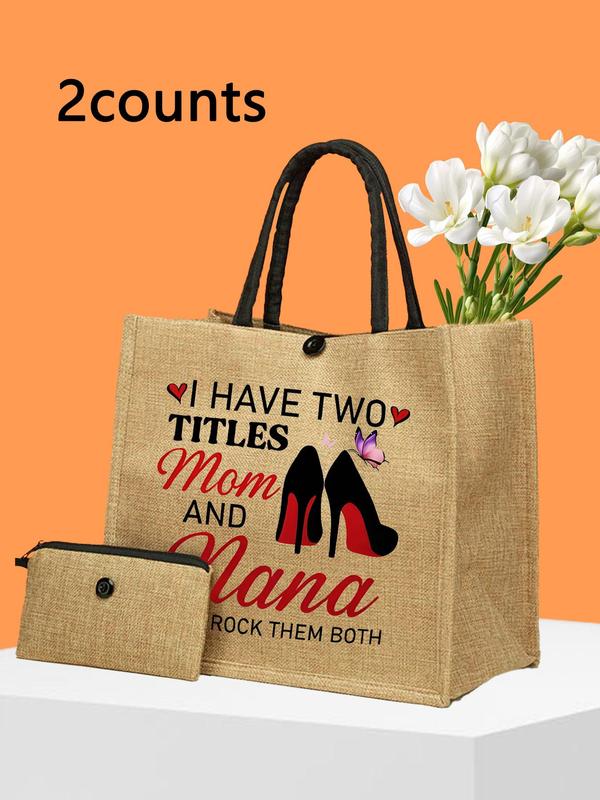 Women's Cute Letters Print Tote Bag & Wallet Set, Large Capacity Shoulder Bag & Wallet, Fashionable Bag Set for Travel & Daily Use