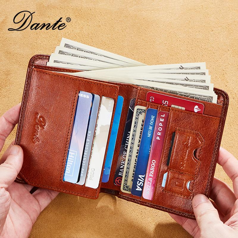 Dante Men's Genuine Leather Wallets RFID Anti-theft Brush Vertical Style Three Fold Retro Top Layer Cowhide Foreign Trade Purse