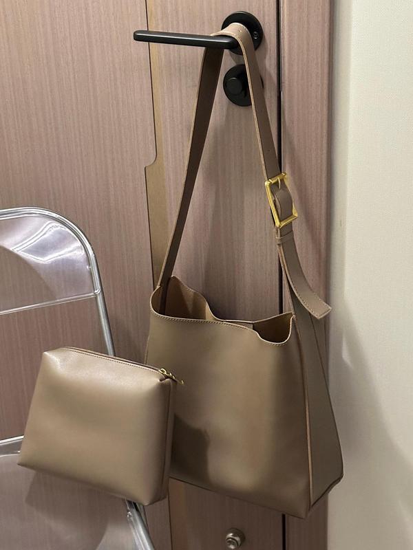 Women's Solid Color Belted Design Tote Bag, Fashionable Large Capacity Adjustable Shoulder Bag for Daily Used, Casual Trendy Versatile High-quality Daily Commuting Bag