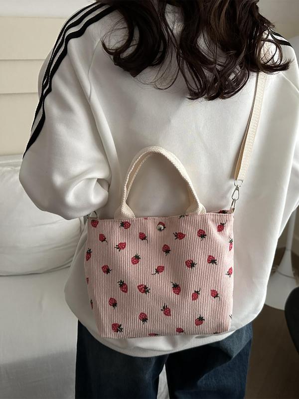 Women's Cute Strawberry Pattern Corduroy Crossbody Bag, Fashionable Adjustable Strap Design Shoulder Bag for Daily Used, Casual Trendy Versatile High-quality Daily Commuting Bag