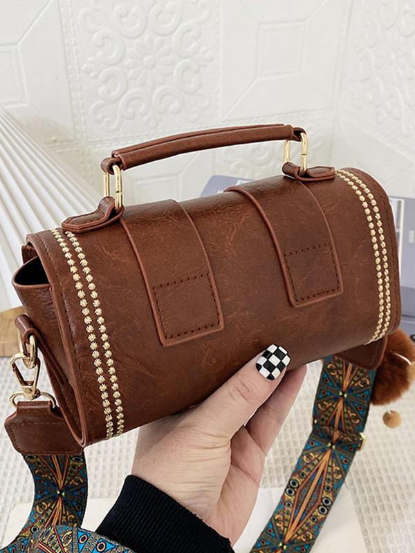 Women's Elegant Vintage Boston Bag with Cute Charm, Trendy Retro Handbag & Crossbody Bag with Ethnic Graphic Strap, Chic All-match Handbag for Daily Use