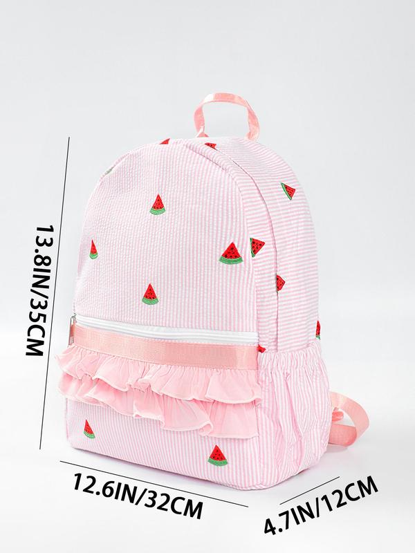 Fashionable Ruched & Embroidered Design Backpack, Casual Striped Pattern Backpack with Ruffle Trim Design, Fashionable Backpack for Women & Girls