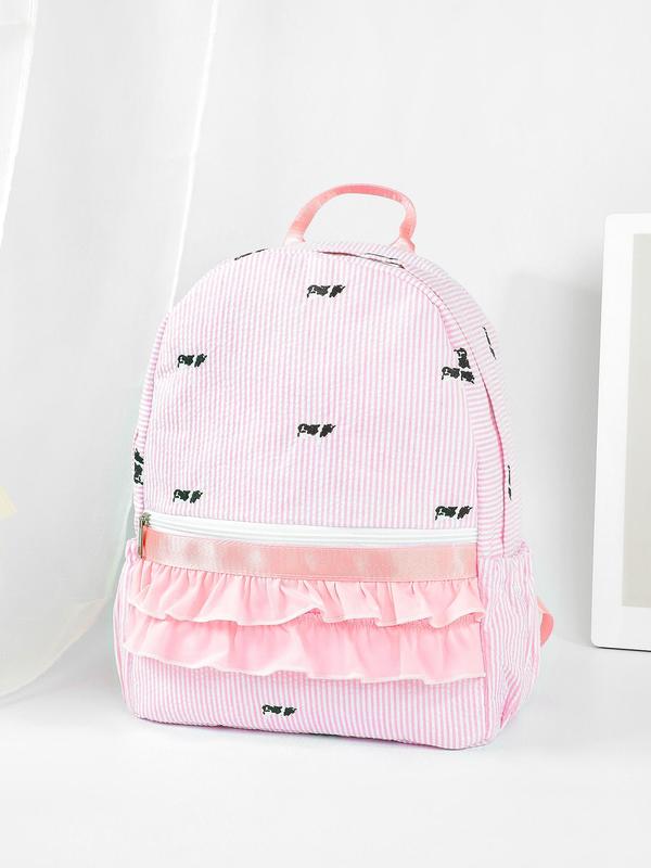 Fashionable Ruched & Embroidered Design Backpack, Casual Striped Pattern Backpack with Ruffle Trim Design, Fashionable Backpack for Women & Girls