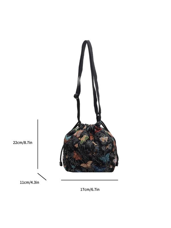 Women's Elegant Butterfly Pattern Drawstring Bucket Bag, Casual Trendy Crossbody Bag, Fashionable Boho Style Vintage Crossbody Bag for Women