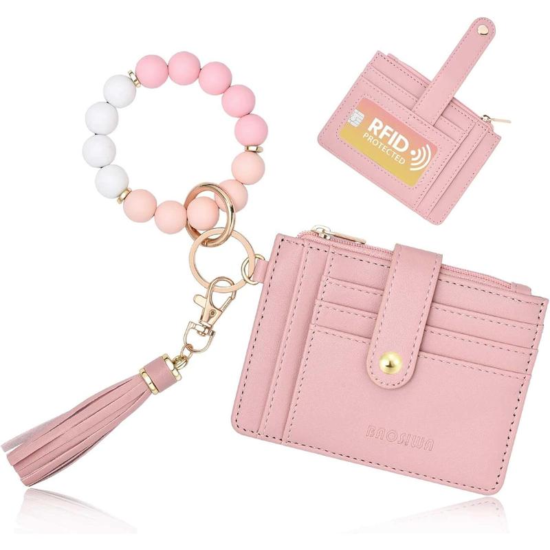 Silicone Bracelet Keychain Wallet for Women Wristlet Card Holder Slim RFID Wallet with Leather Tassel