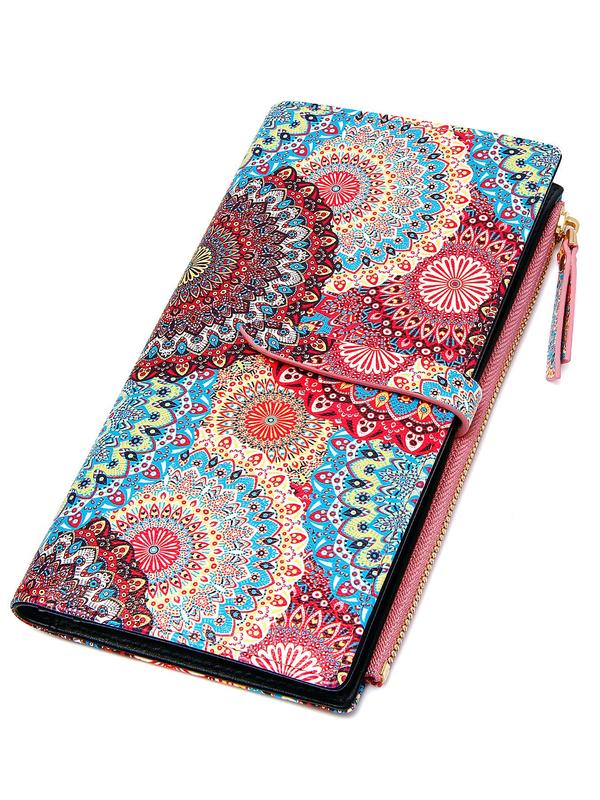 Women's Boho Style All Over Floral  Leopard Pattern Long Wallet, Casual Multi Card Slot Zipper Wallet, Fashionable Card Holder for Daily Use