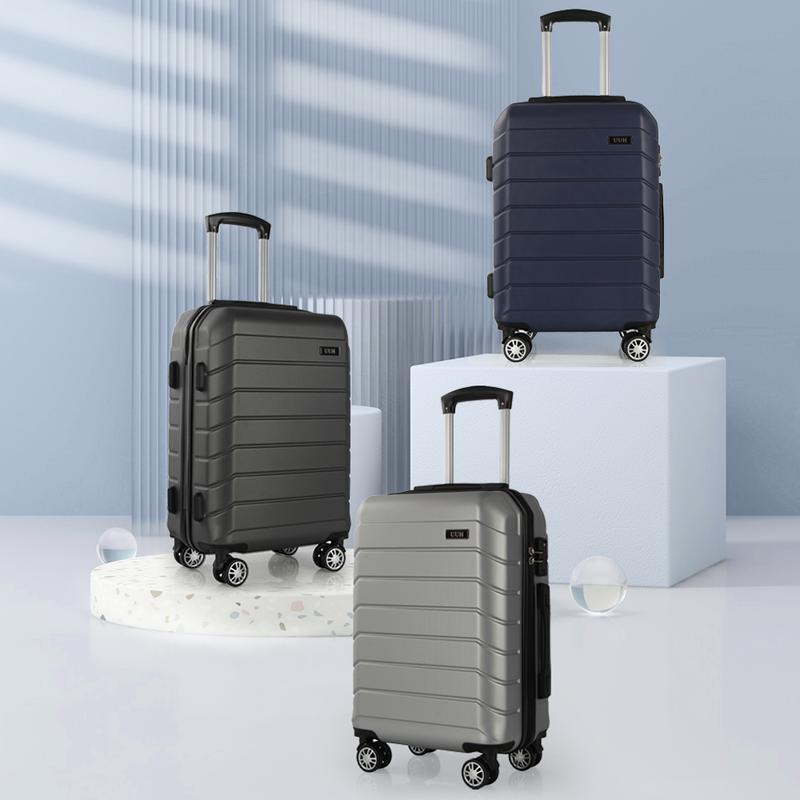 - UUH 3-Piece ABS Hard Shell Luggage Set - Lightweight Spinner Suitcases with TSA Locks, 20 24 28 Inch Sizes, Adjustable Handle, and Four Spinner Wheels - Gray Silver Blue - Large Capacity, Perfect for Travel & Vacations