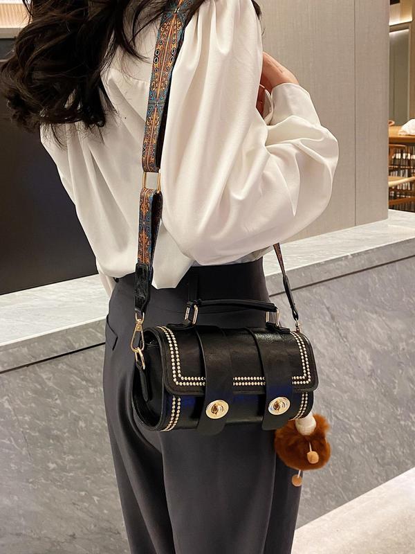 Women's Elegant Vintage Boston Bag with Cute Charm, Trendy Retro Handbag & Crossbody Bag with Ethnic Graphic Strap, Chic All-match Handbag for Daily Use