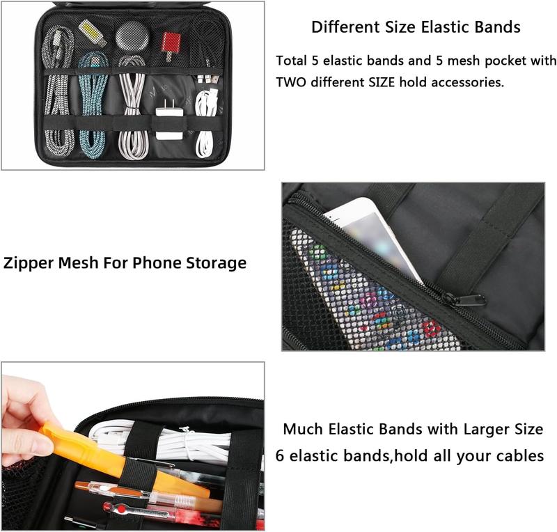 Organizer Bag, Large Travel Storage Bag Sturdy Tool Case with Handle for Cellphone Cord Electronics Accessories, Carrying Tech Bag for IPad (Up to 12.9inch), Powerbank, Hard Drive, Black