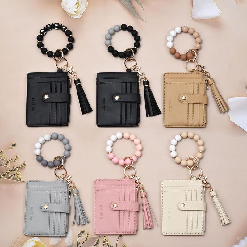 Silicone Bracelet Keychain Wallet for Women Wristlet Card Holder Slim RFID Wallet with Leather Tassel