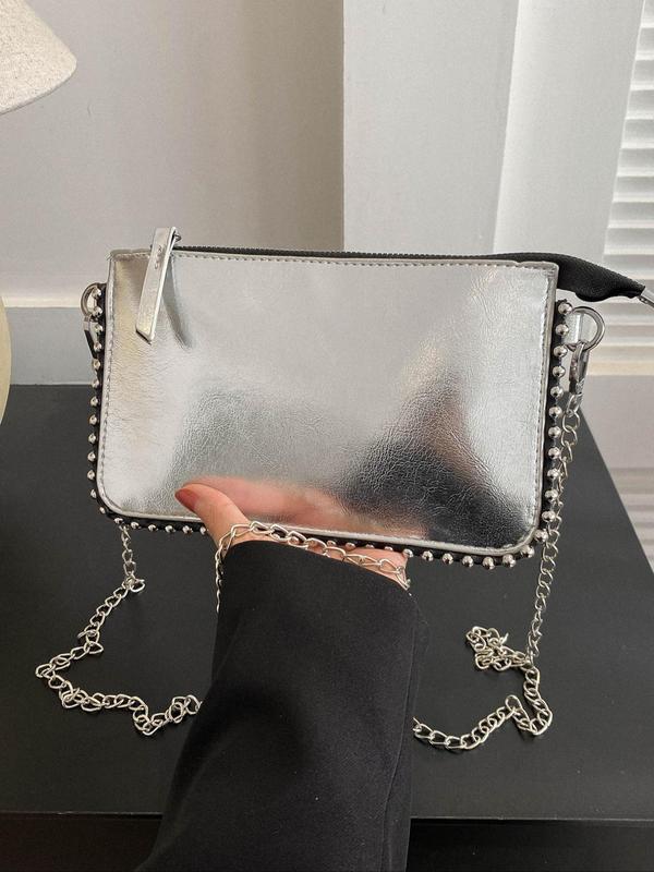 Women's Solid Color Studded Decor Crossbody Bag, Fashionable Pu Zipper Shoulder Bag for Daily Used, Casual Trendy Versatile High-quality Daily Commuting Bag, Girl Fashionable Shopping Bag