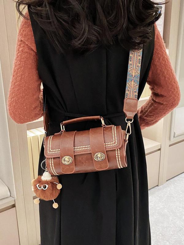 Women's Elegant Vintage Boston Bag with Cute Charm, Trendy Retro Handbag & Crossbody Bag with Ethnic Graphic Strap, Chic All-match Handbag for Daily Use