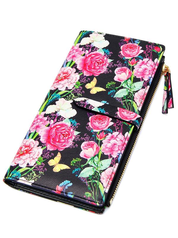 Women's Boho Style All Over Floral  Leopard Pattern Long Wallet, Casual Multi Card Slot Zipper Wallet, Fashionable Card Holder for Daily Use